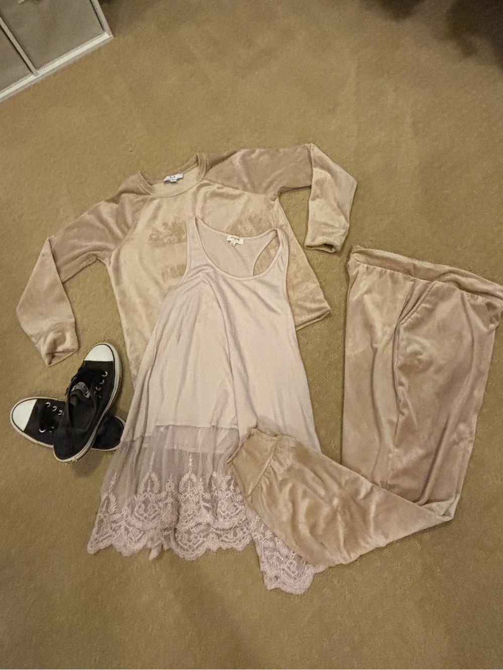 Velvet Lounge Pajama Set with Lace-Trim Slip - Blush